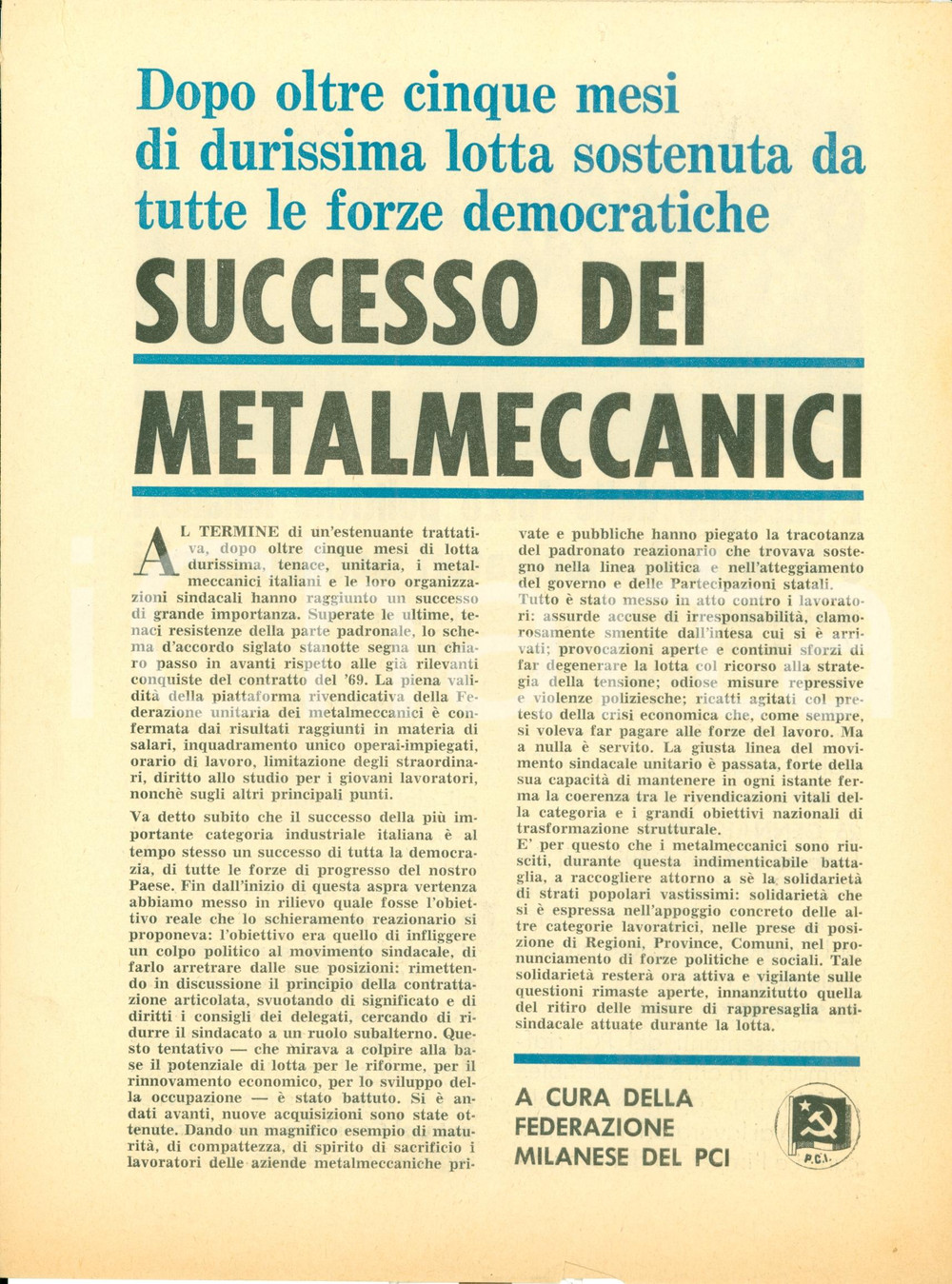 Materiale pubblicitario d’epoca 1973 MILANO PCI per successo lotte metalmeccanici ILLUSTRATO Opuscolo 1