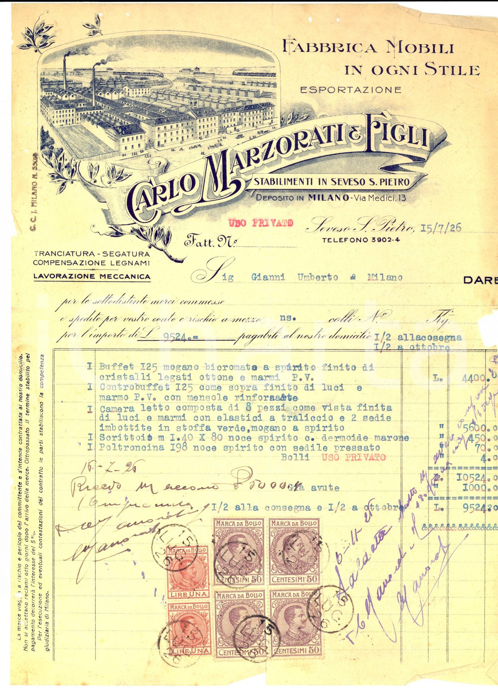 Documento originale, autentico 1926 SEVESO SAN PIETRO MB Ditta Carlo MARZORATI e figli Mobili DANNEGGIATA 1