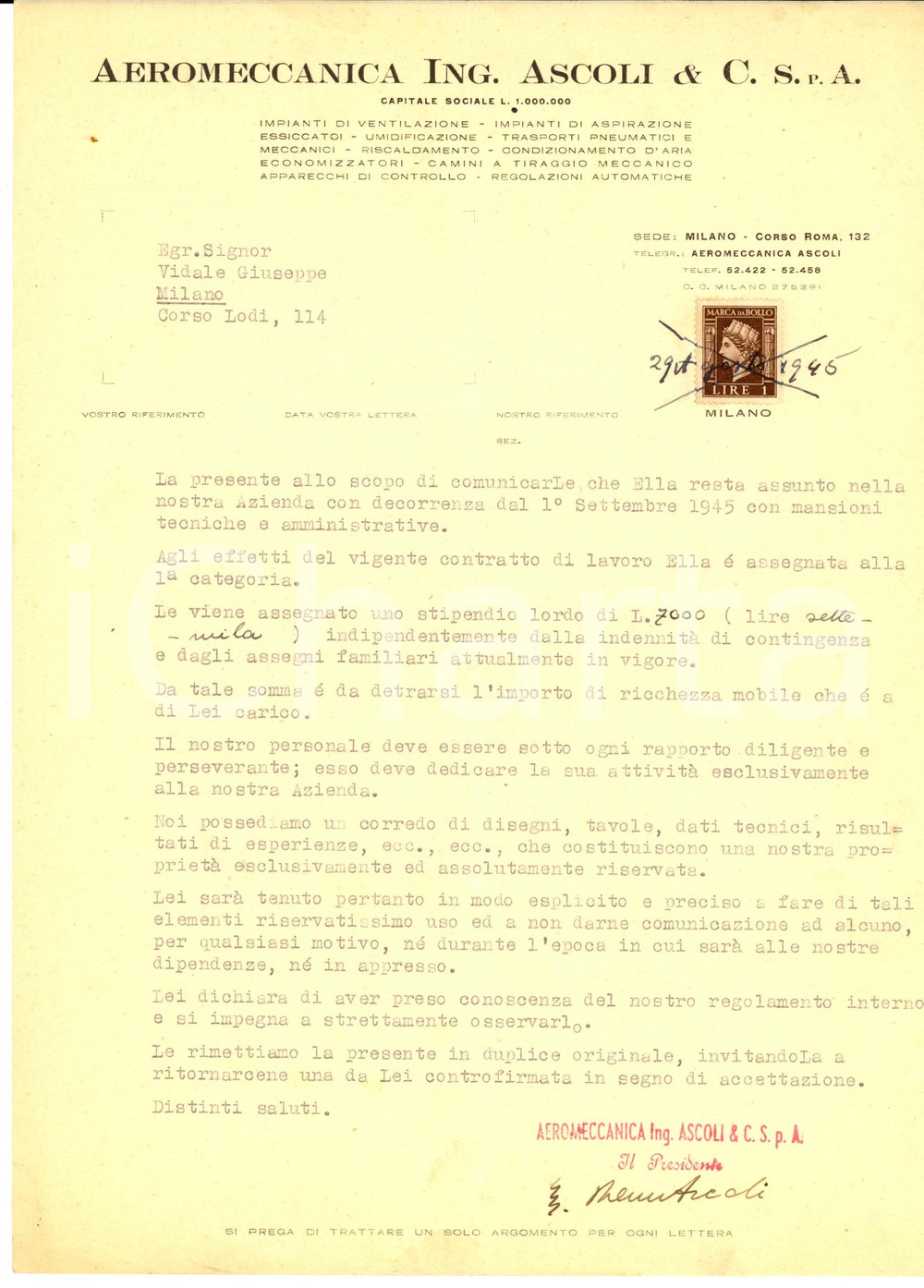 Documento originale, autentico 1945 MILANO Aeromeccanica ing. ASCOLI Assunzione Giuseppe VIDALE amministrativo 1