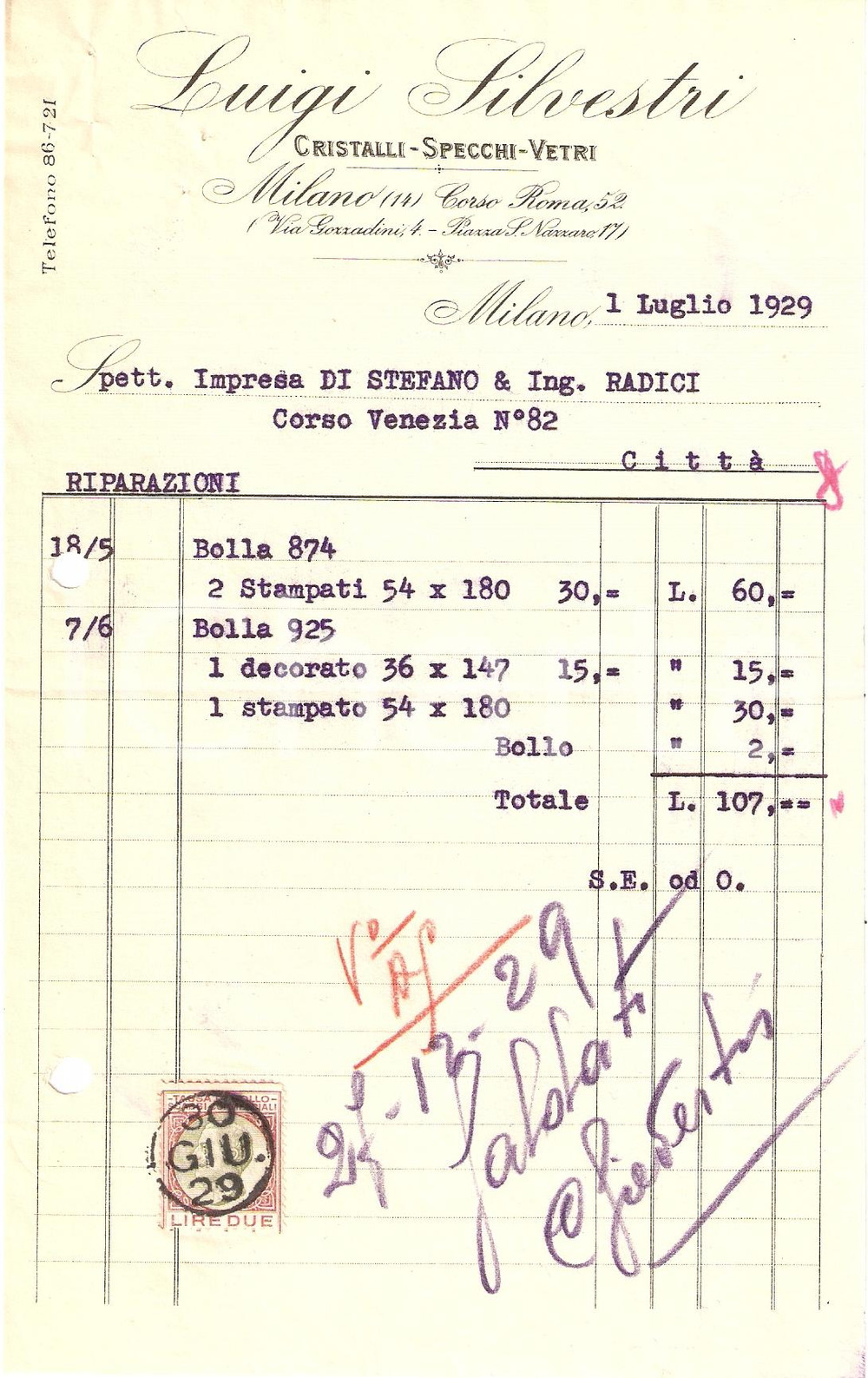 Documento originale, autentico 1929 MILANO Vetreria Luigi SILVESTRI Cristalli specchi vetri Fattura 1