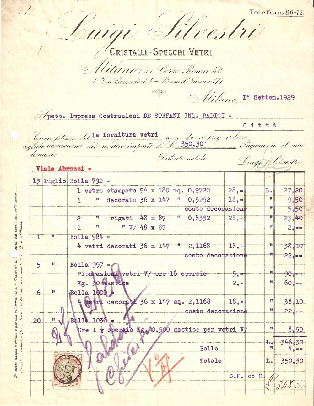 Documento originale, autentico 1929 MILANO Ditta Luigi SILVESTRI Cristalli specchi vetri Fattura 1