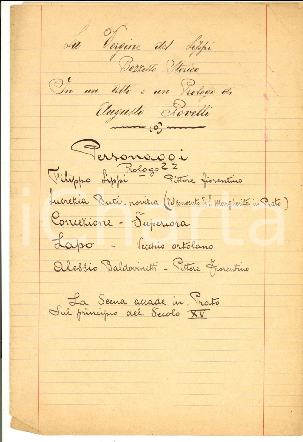 Manoscritto, lettera originale 1940 ca TEATRO Augusto NOVELLI La Vergine del Lippi Copione INCOMPLETO 1