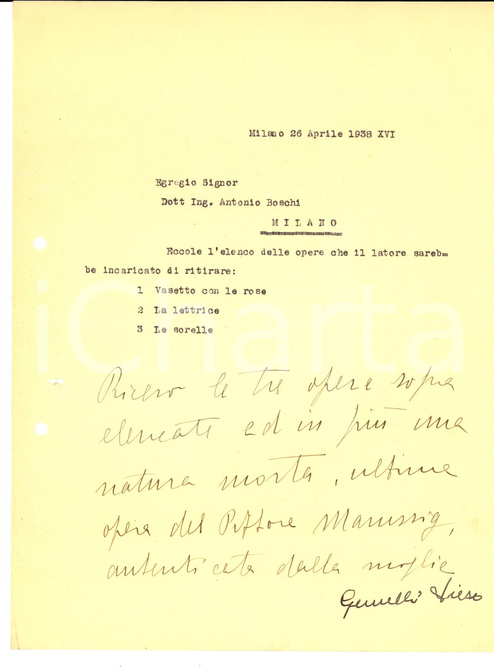 Manoscritto, lettera originale 1938 MILANO Antonio BOSCHI presta quadri per Mostra Postuma MARUSSIG 1