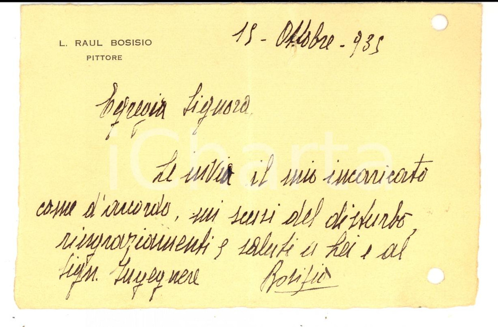 Autografo originale 1935 MILANO Biglietto pittore Raul BOSISIO Autografo 1