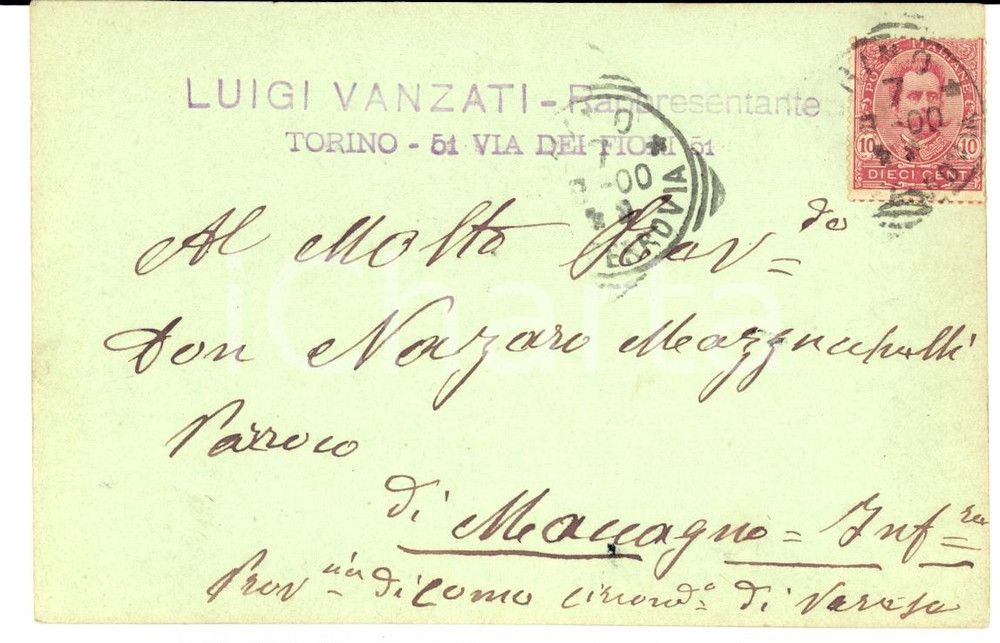 Cartolina originale da collezione 1900 TORINO Luigi VANZATI al parroco don Nazaro MAZZUCCHELLI Cartolina 1
