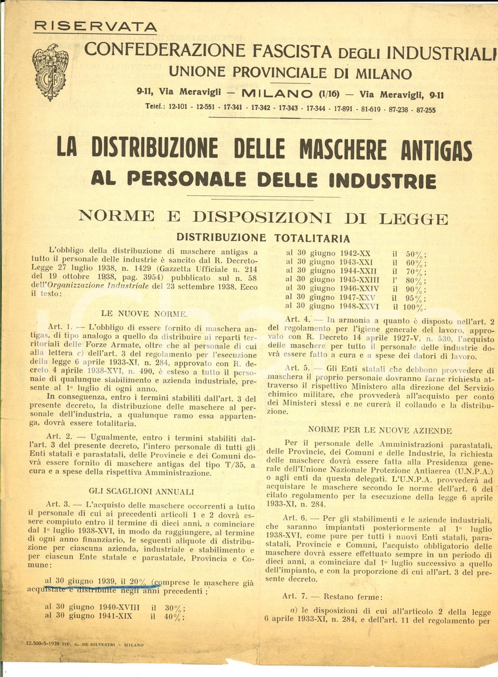 Documento originale, autentico 1938 MILANO Norme per distribuzione maschere antigas nelle industrie 1