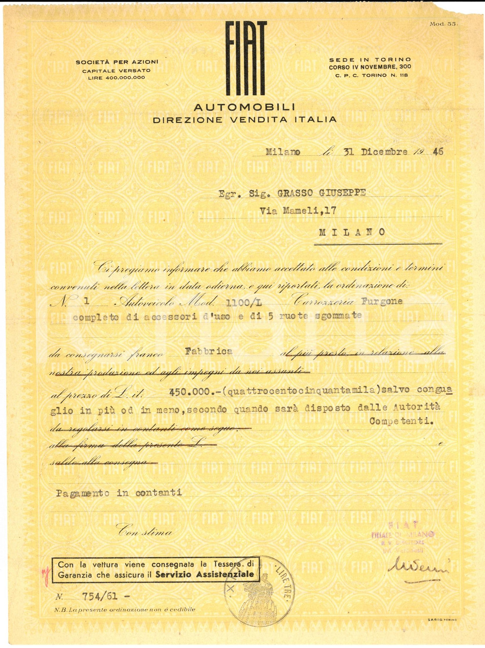 Documento originale, autentico 1946 MILANO FIAT Ordine di un furgone 1100/L con accessori Lettera 1