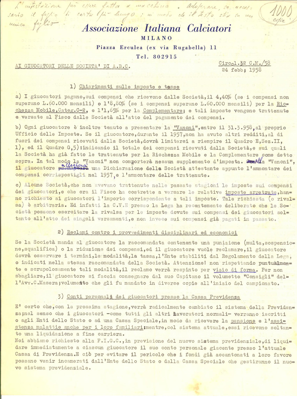 Autografo originale 1958 ASSOCIAZIONE ITALIANA CALCIATORI Carlo MASERA su compensi e premi Autografo 1