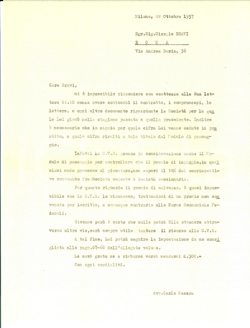 Autografo originale 1957 CALCIO MILANO Carlo MASERA consiglia Giorgio BRAVI in lite con il TARANTO 1