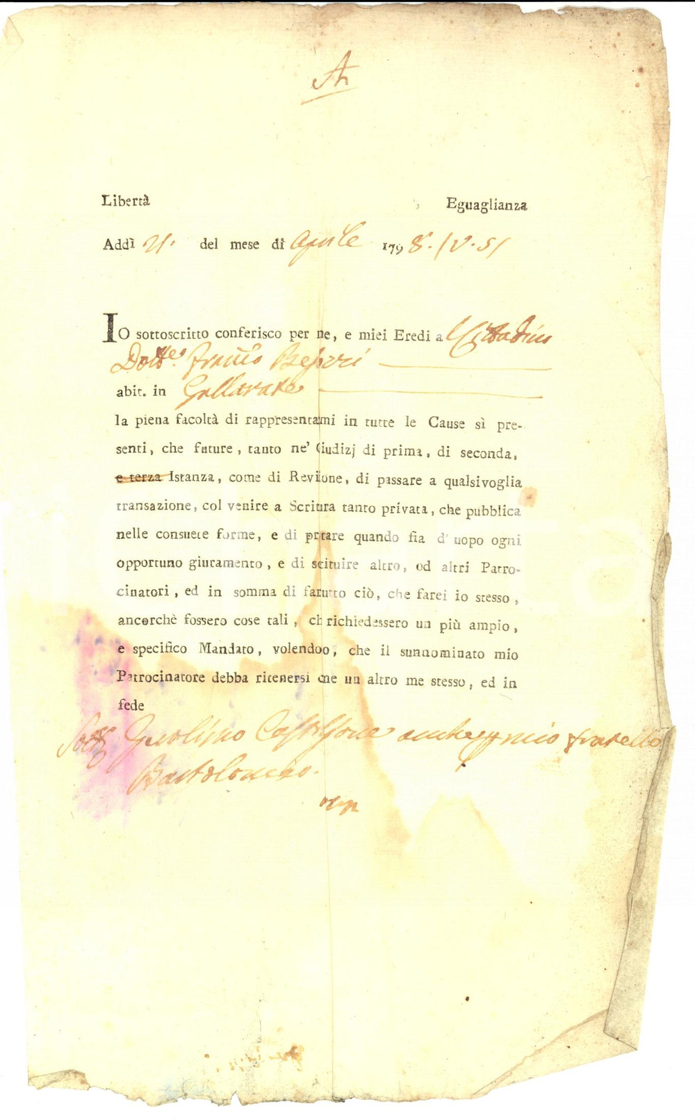 Documento originale, autentico 1798 REPUBBLICA CISALPINA GALLARATE VA Procura a Francesco BESOZZI 1