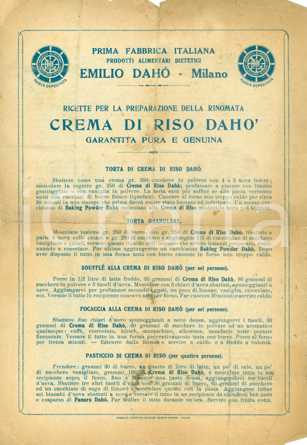 Materiale pubblicitario d’epoca 1930 ca MILANO Prodotti alimentari Emilio DAHO  Ricette crema riso DANNEGGIATO 1