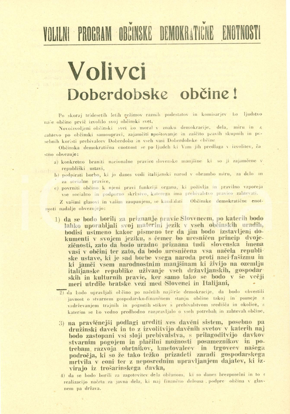 Materiale pubblicitario d’epoca 1954 SLOVENIA Obcinska demokraticna enotnost Candidati programma Volantino 1