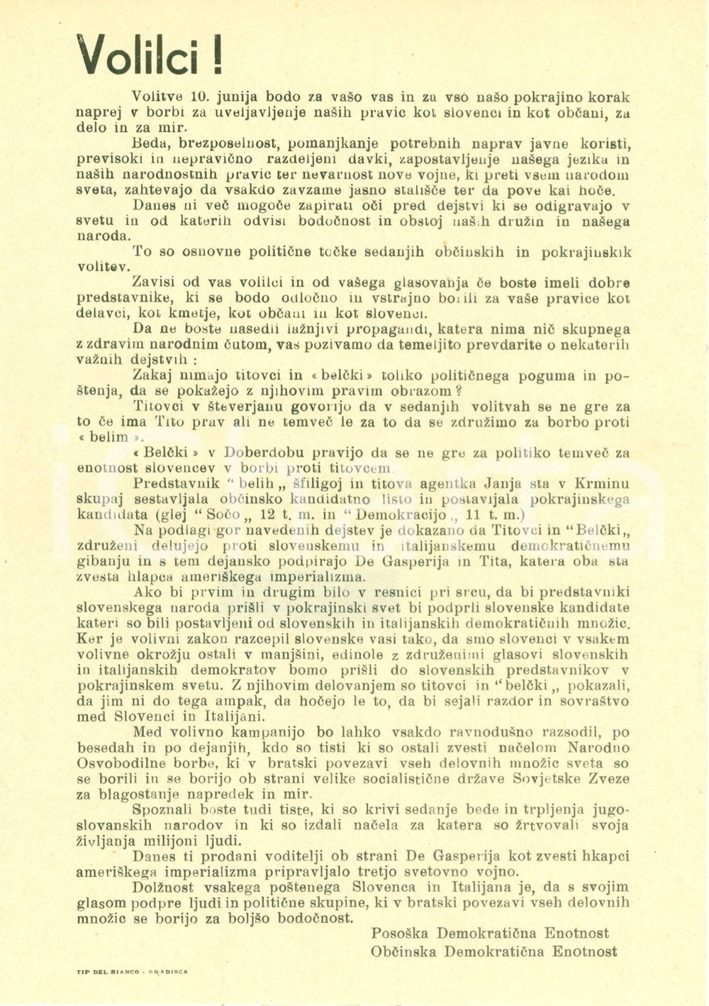 Materiale pubblicitario d’epoca 1954 ca SLOVENIA Obcinska demokraticna enotnost Programma elettorale Volantino 1