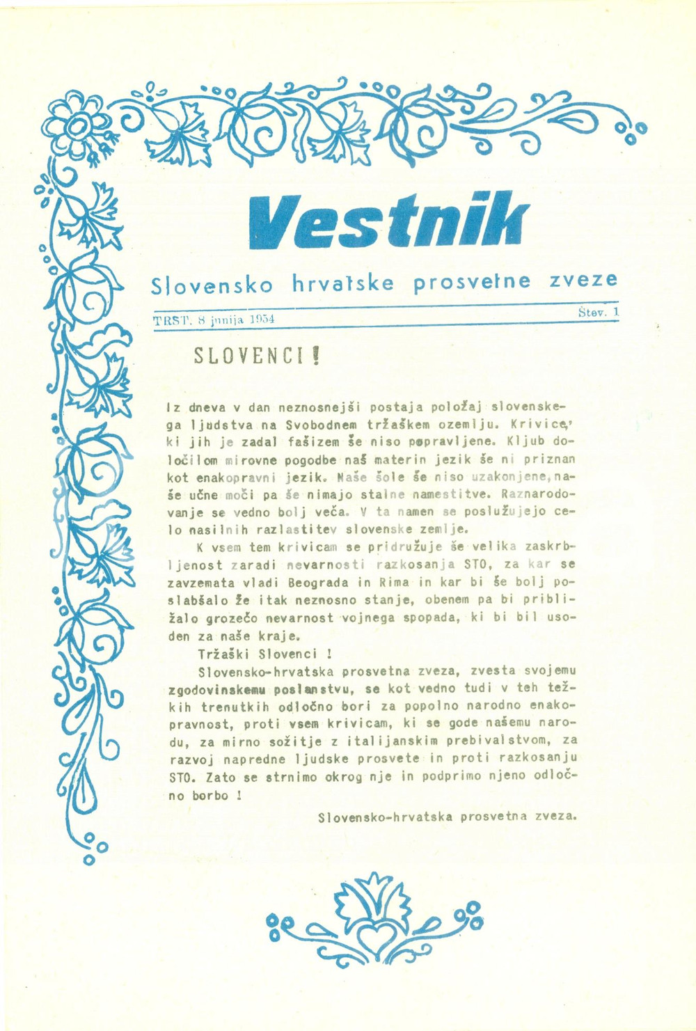 Materiale pubblicitario d’epoca 1954 Trieste – Vestnik Slovenskohrvatske prosvetne zveze, št. 1 1