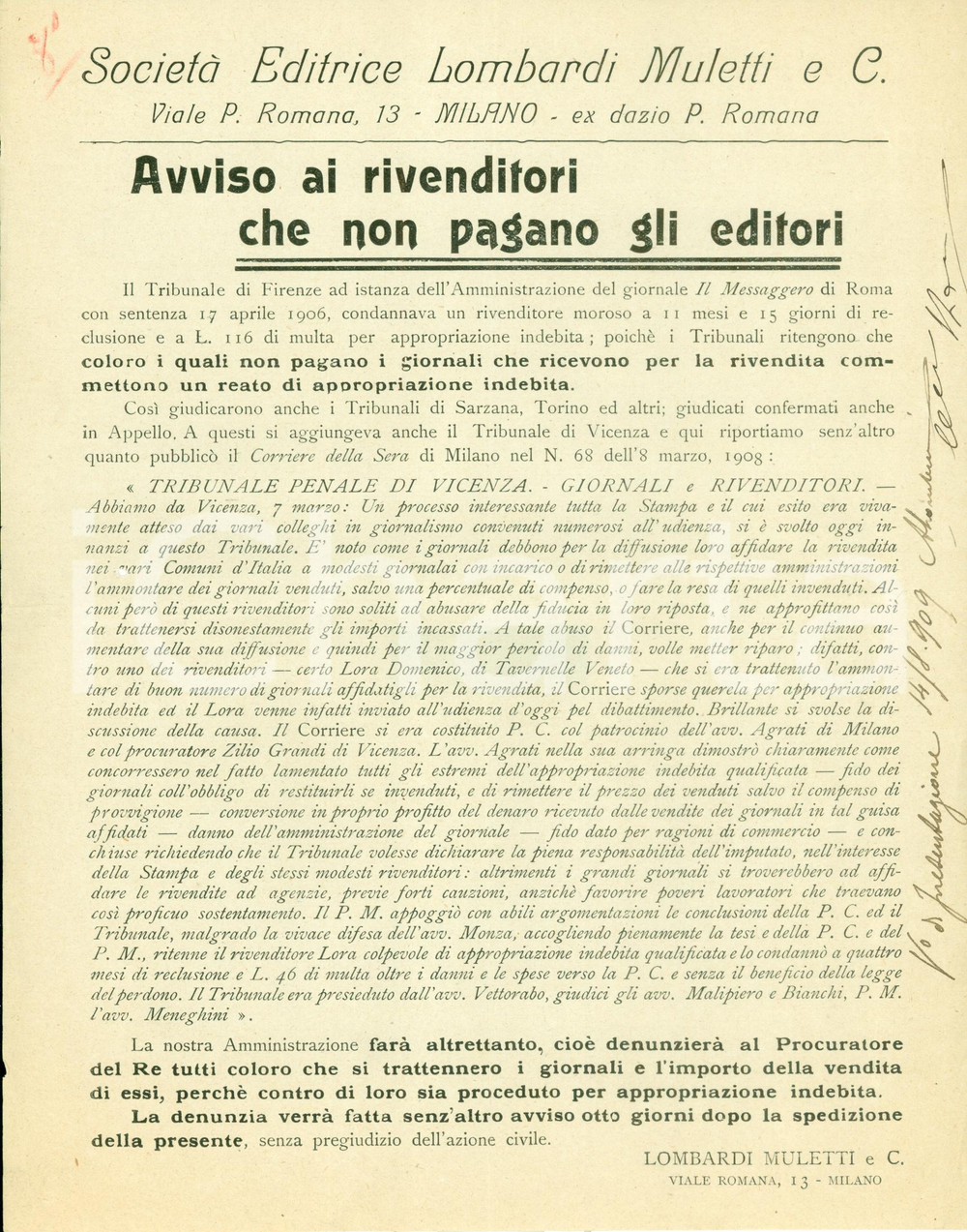 Documento originale, autentico 1909 MILANO Società Editrice LOMBARDI MULETTI contro i rivenditori Volantino 1