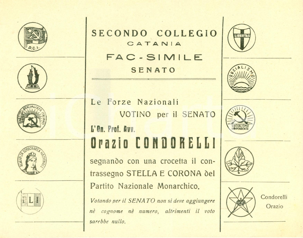 Materiale pubblicitario d’epoca 1948 CATANIA Elezioni politiche Orazio CONDORELLI per il Senato Volantino 1