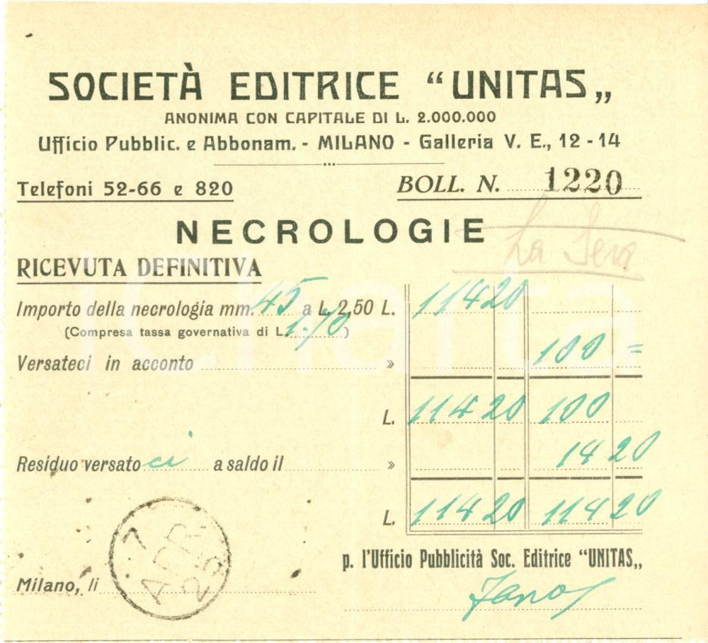 Documento originale, autentico 1925 MILANO Necrologio SocietÃ  Editrice UNITAS Ricevuta 1