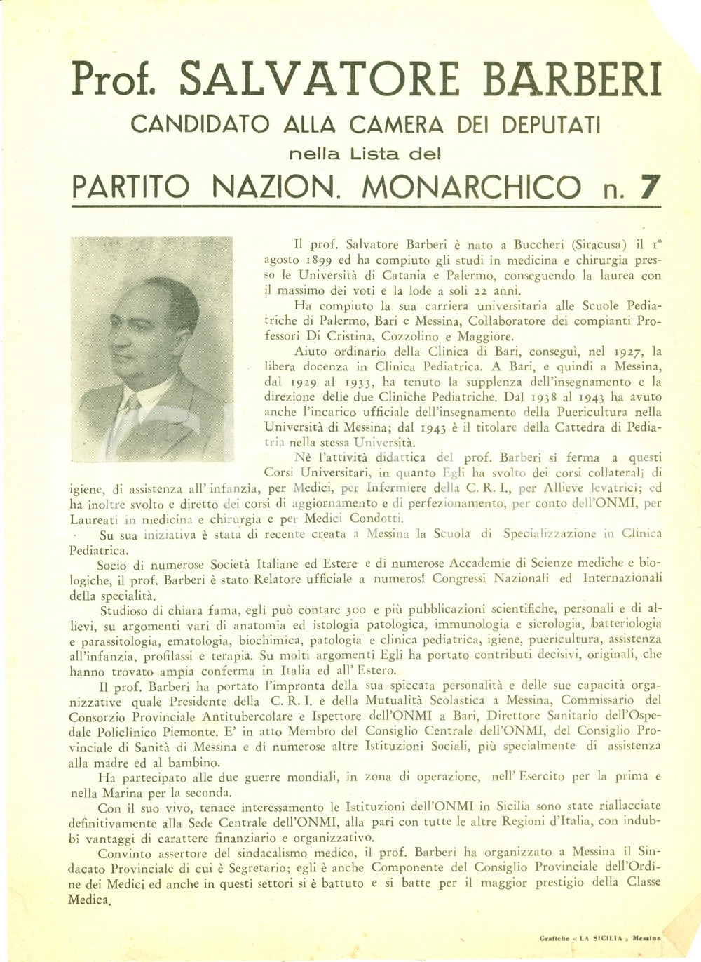 Materiale pubblicitario d’epoca 1948 MESSINA Salvatore BARBERI candidato Partito Nazionale Monarchico Volantino 1