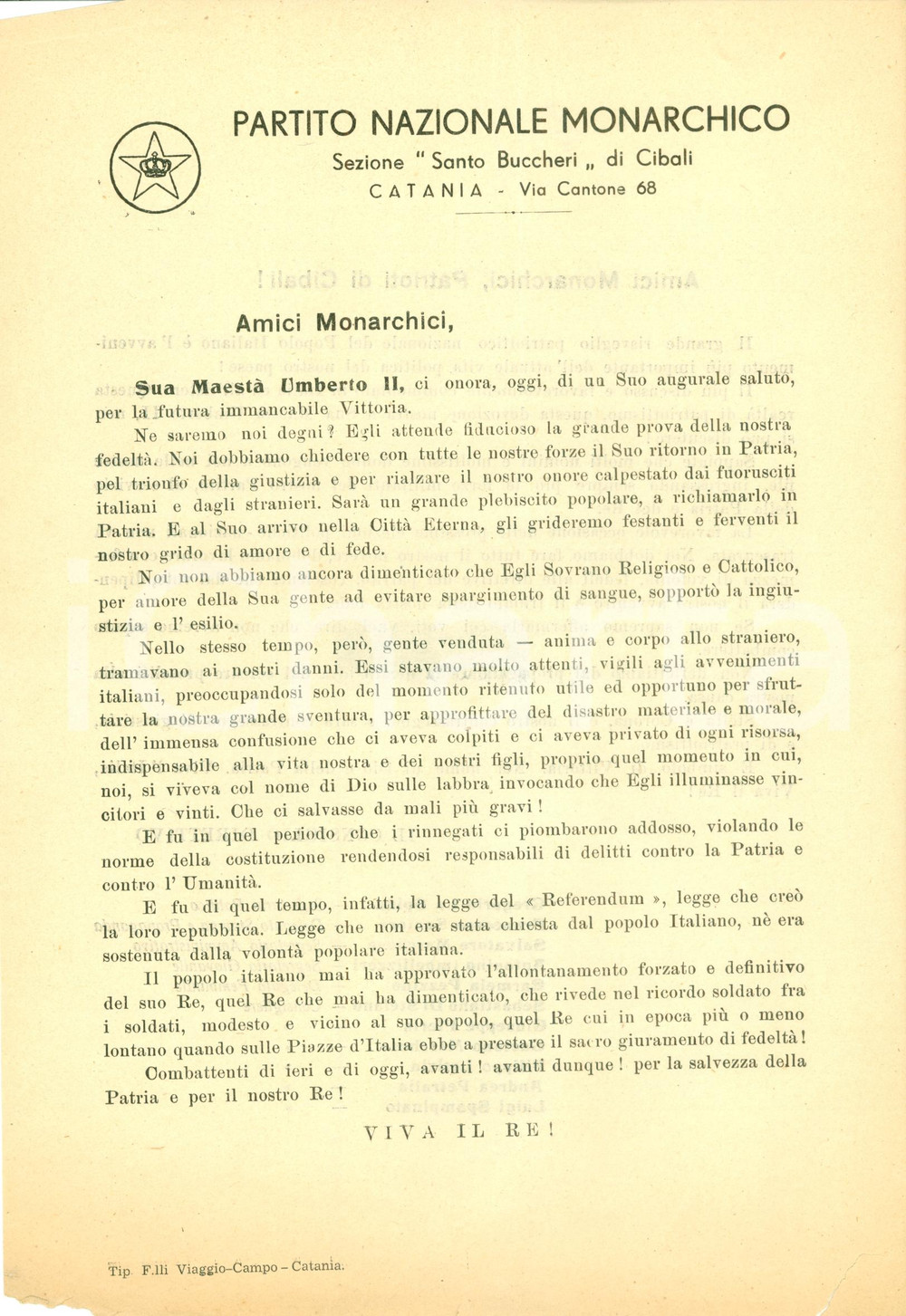 Materiale pubblicitario d’epoca 1948 CATANIA CIBALI Popolo italiano vuole ritorno UMBERTO II Partito monarchico 1