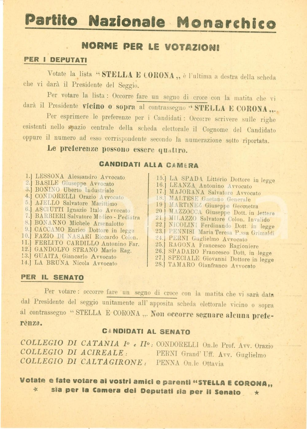 Materiale pubblicitario d’epoca 1948 CATANIA Partito Nazionale Monarchico Votate STELLA E CORONA Volantino 1