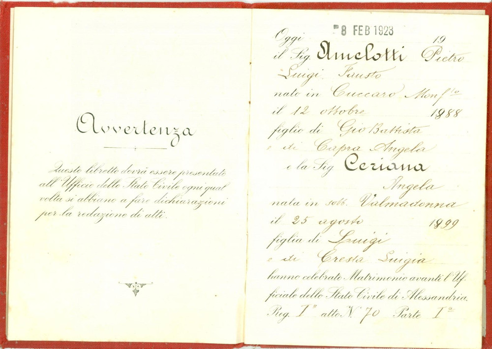 Documento originale, autentico 1923 ALESSANDRIA Matrimonio Lanfranco AMELOTTI Angela CERIANA Documento 1