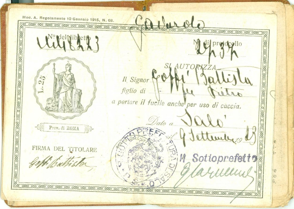 Documento originale, autentico 1923 SALO  BS Battista GOFFI licenza per fucile da caccia Libretto 1