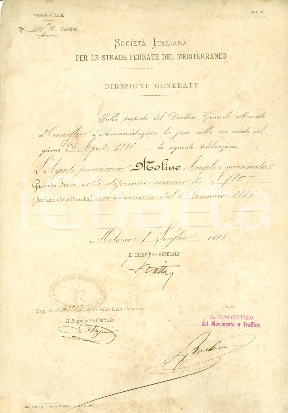 Documento originale, autentico 1886 MILANO Società Italiana Strade Ferrate MEDITERRANEO nomina guardafreno 1