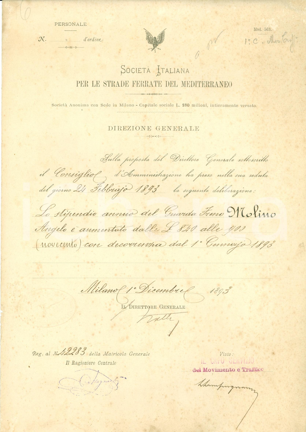 Documento originale, autentico 1893 MILANO SocietÃ  Ital. Strade Ferrate MEDITERRANEO Aumento Angelo MOLINO 1
