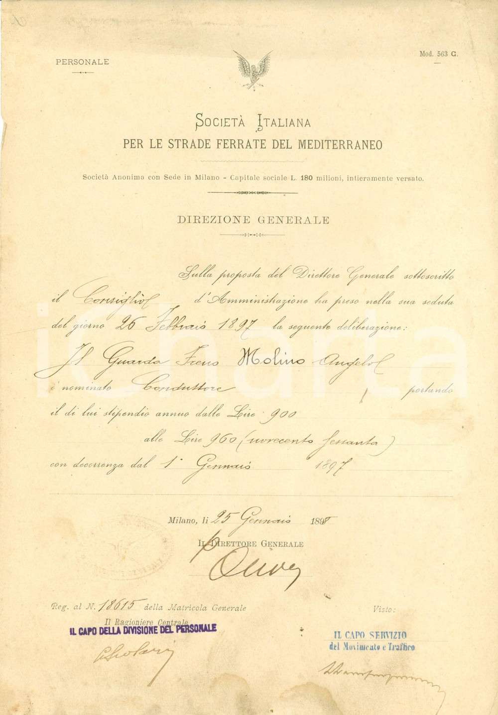 Documento originale, autentico 1897 MILANO SocietÃ  Ital. Strade Ferrate MEDITERRANEO Angelo MOLINO conduttore 1