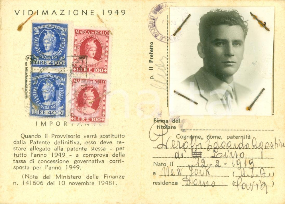 Oggetto da collezione cartaceo 1949 DORNO PV Tesserino provvisorio guida Edoardo PEROTTI con fotografia 1