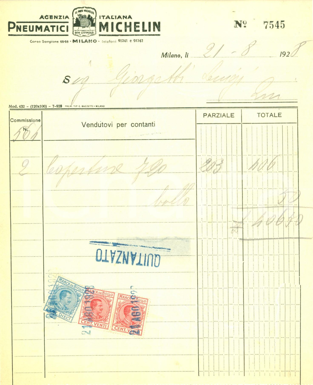 Documento originale, autentico 1928 MILANO Agenzia Italiana Pneumatici MICHELIN Fattura DANNEGGIATA 1