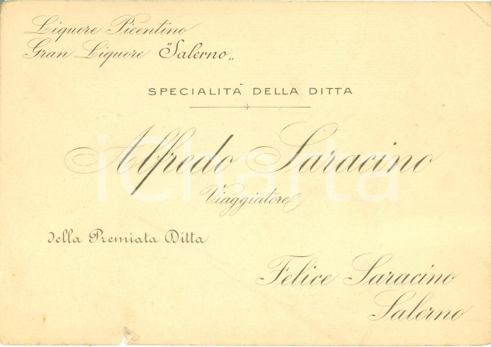 Documento originale, autentico 1920 ca SALERNO Alfredo SARACINO viaggiatore liquore picentino Biglietto 1