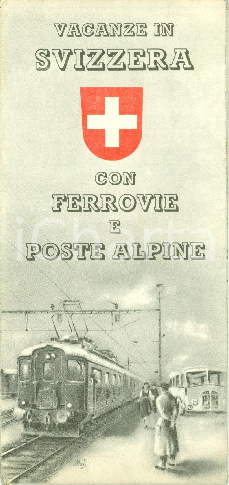 Materiale pubblicitario d’epoca 1950 ca SVIZZERA In vacanza con ferrovie e poste alpine CON MAPPA Illustrato 1