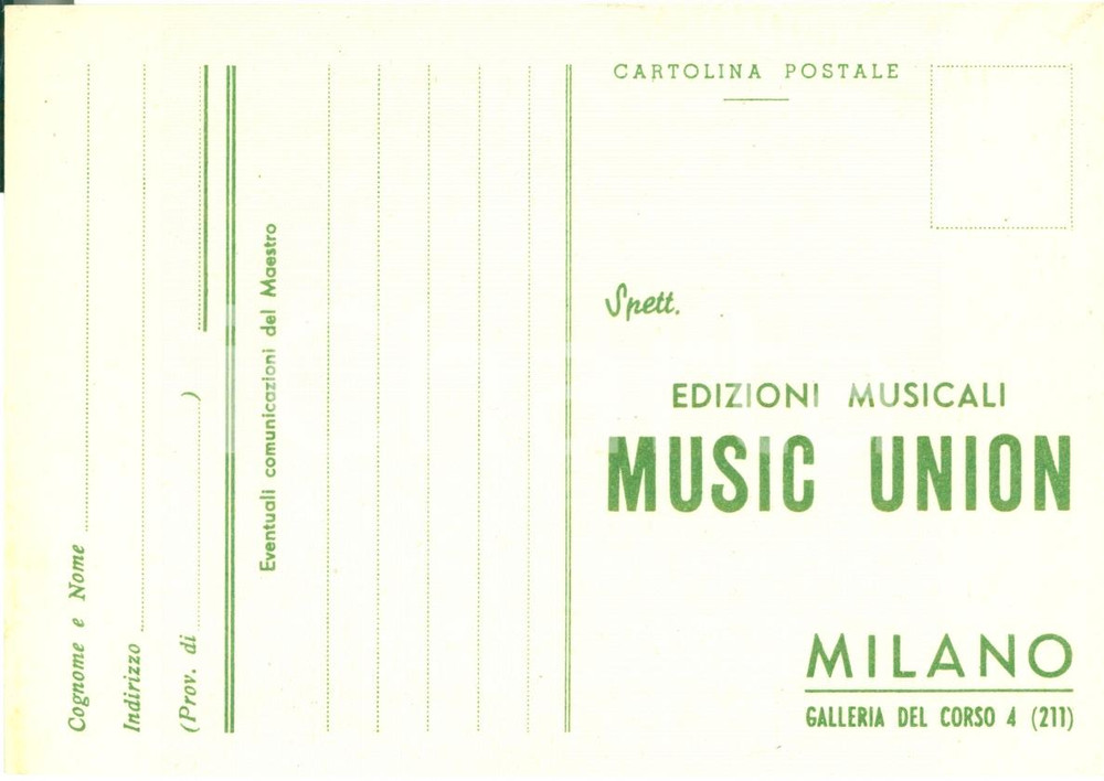 Cartolina originale da collezione 1950 ca MILANO Cedola Edizioni Musicali MUSIC UNION Cartolina FG NV 1