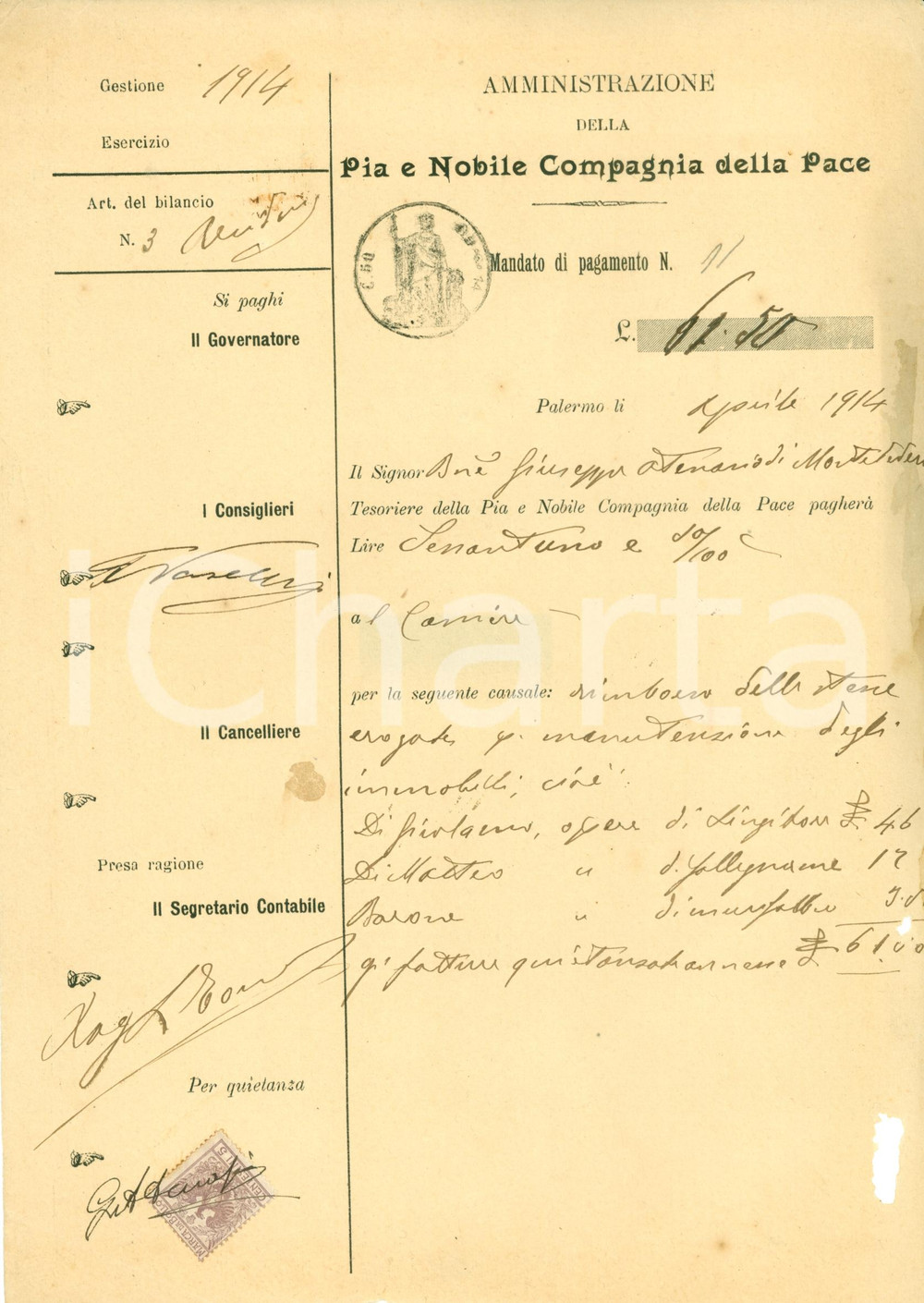 Documento originale, autentico 1914 PALERMO Pia e Nobile Compagnia della Pace rimborsa artigiani Documento 1