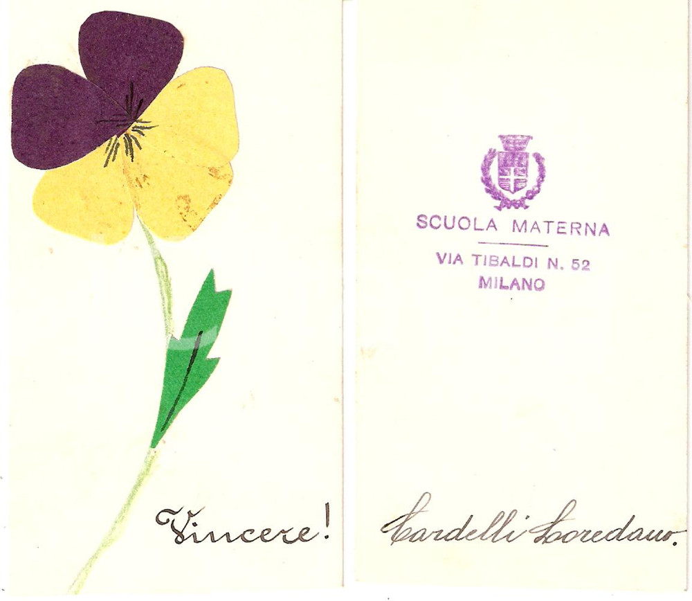 Documento originale, autentico 1940 ca TORINO Vincere! Loredano CARDELLI Scuola materna via TIBALDI collage 1