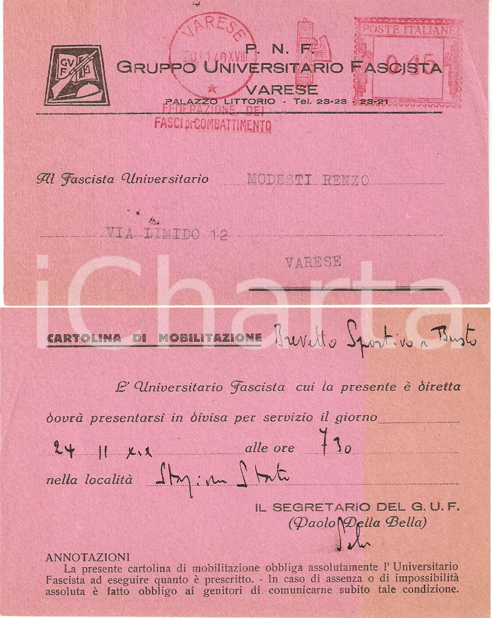 Documento originale, autentico 1940 VARESE WWII Mobilitazione GUF universitario Renzo MODESTI Cartolina 1