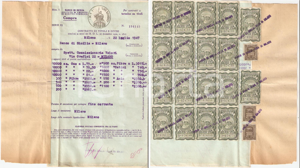 Manoscritto, lettera originale 1947 MILANO Banco di SICILIA acquista azioni con 18 MARCHE Documento 1