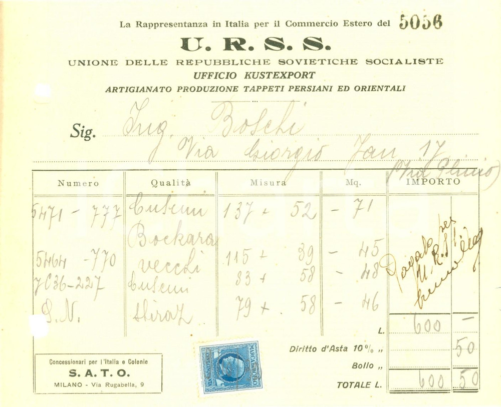 Documento originale, autentico 1930 ca MILANO U.R.S.S. Esportazione tappeti persiani Antonio BOSCHI Ricevuta 1
