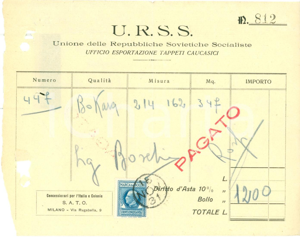 Documento originale, autentico 1931 MILANO U.R.S.S. Esportazione tappeti caucasici Antonio BOSCHI Ricevuta 1