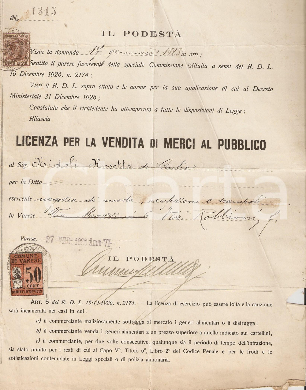 Documento originale, autentico 1928 VARESE Licenza a Rosetta NIDOLI negozio moda e scampoli Documento 1