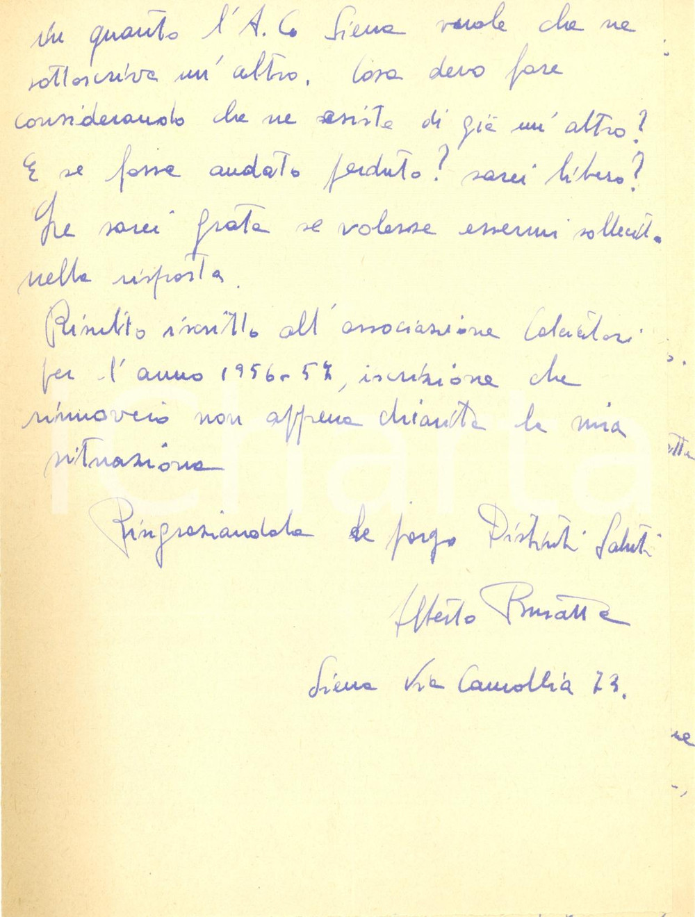 Autografo originale 1957 SIENA Calcio Alberto BURATTO ceduto a U.S. NISSENA CALTANISSETTA Autografo 1
