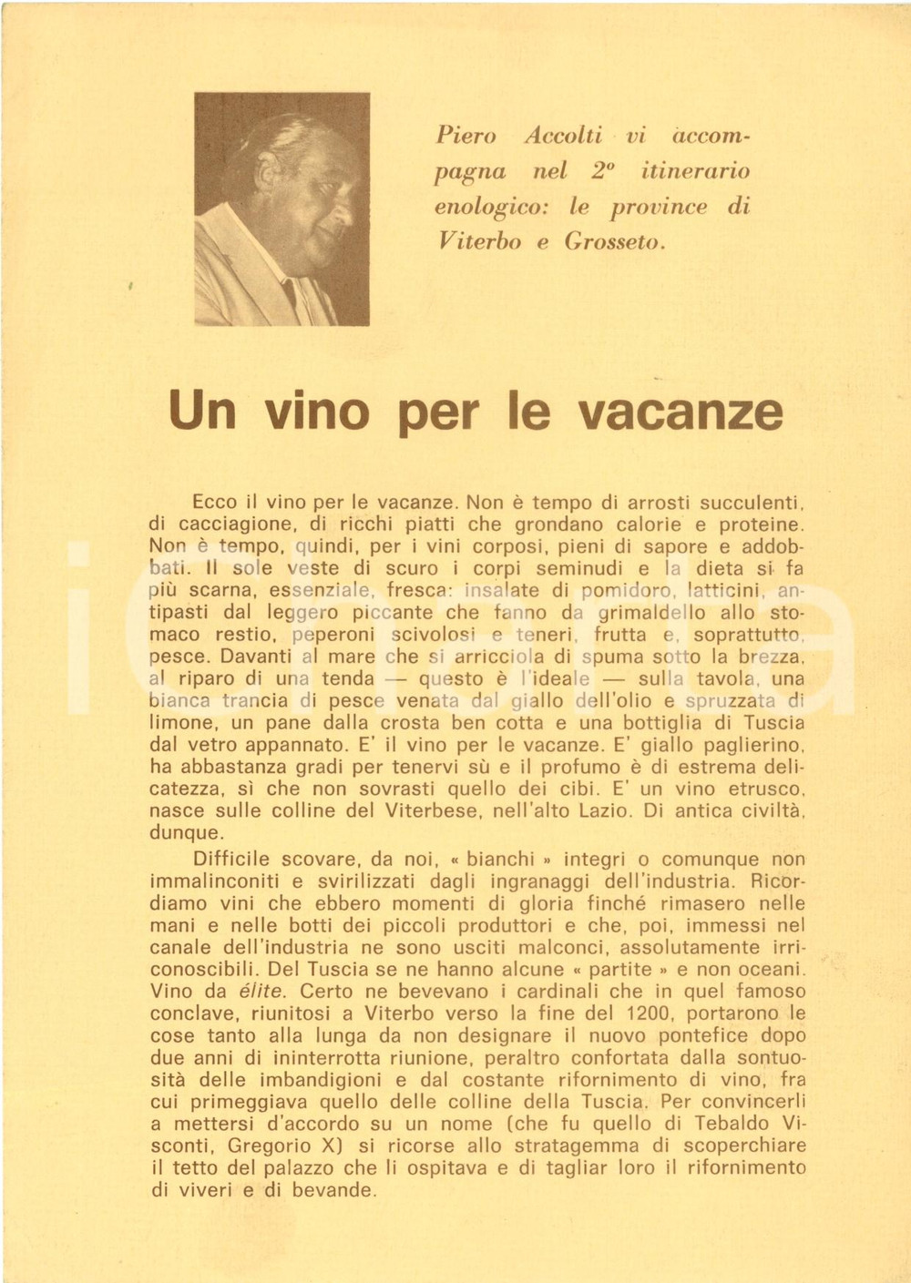 Materiale pubblicitario d’epoca 1970 VITERBO Piero ACCOLTI su vini TUSCIA e MONTEFIASCONE Vini d Italia 1