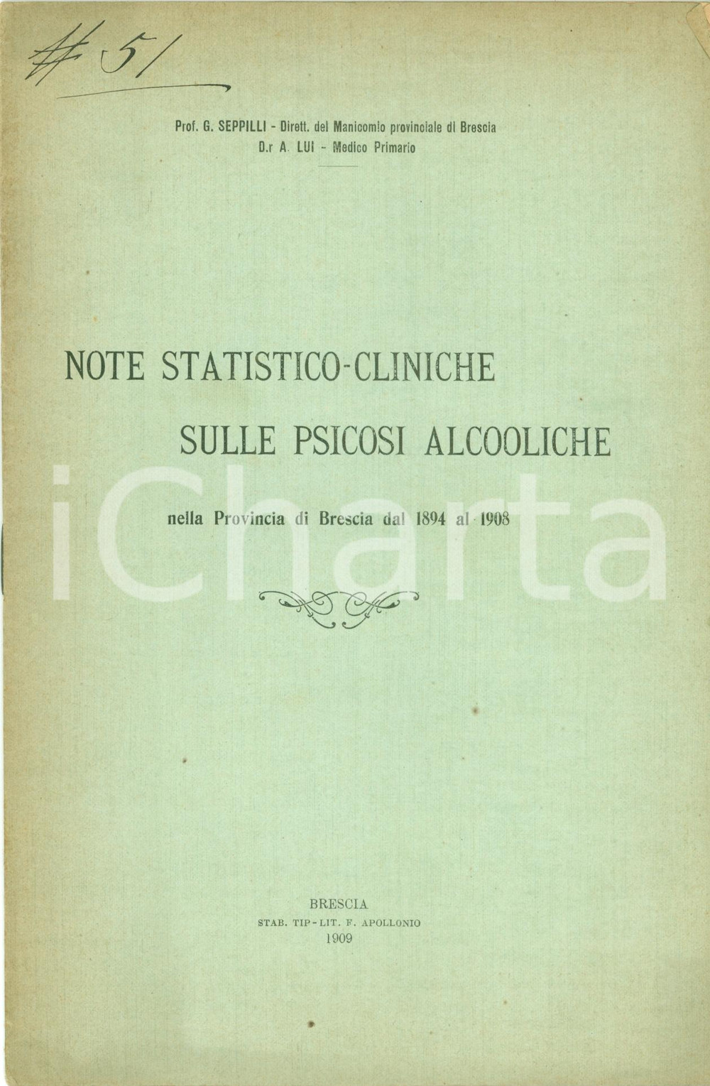 Libro, pubblicazione d epoca 1909 BRESCIA Manicomio Giuseppe SEPPILLI Psicosi alcooliche Pubblicazione 1