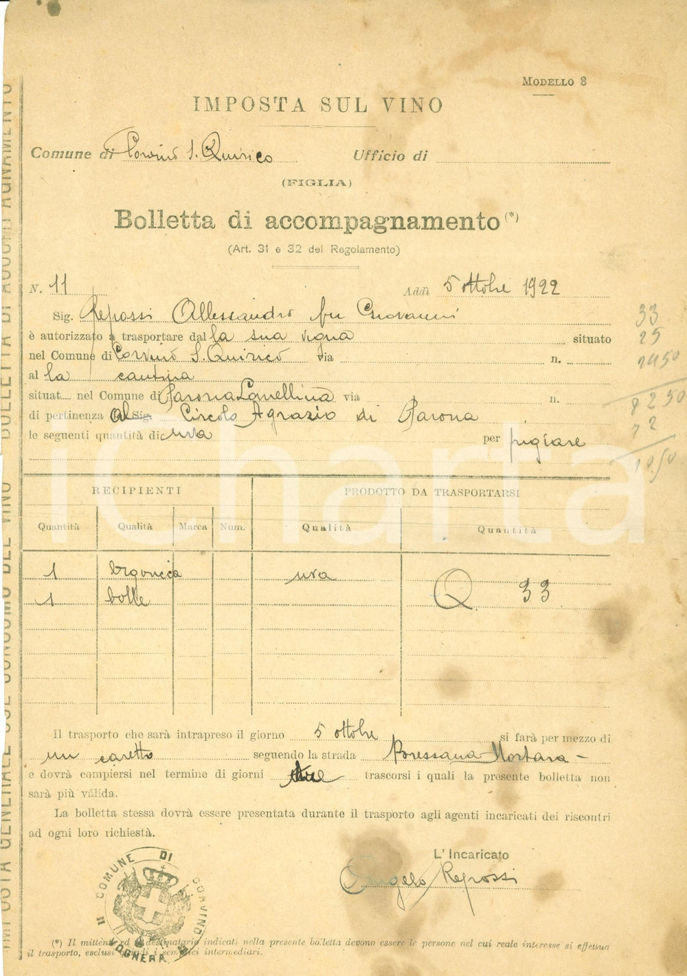 Documento originale, autentico 1922 CORVINO SAN QUIRICO PV Alessandro REPOSSI trasporta uva a PARONA LOMELLINA 1