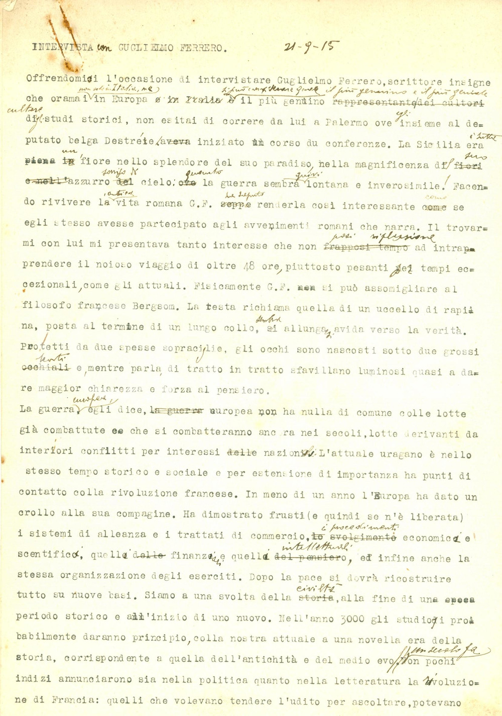 Documento originale, autentico 1915 PALERMO Storico Guglielmo FERRERO In meno di un anno l EUROPA é crollata 1