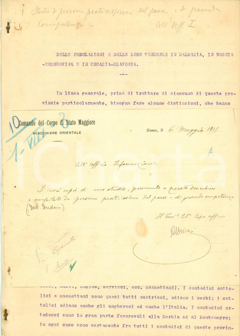 Documento originale, autentico 1915 DALMAZIA WWI Alessandro DUDAN su popoli slavi Autografo Alberico ALBRICCI 1