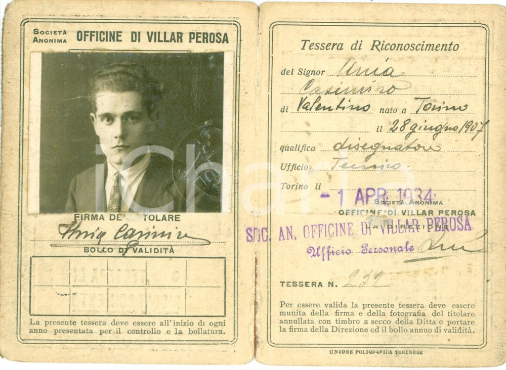 Oggetto da collezione cartaceo 1934 VILLAR PEROSA TO Casimiro UNIA disegnatore S.A. OFFICINE Tessera con FOTO 1