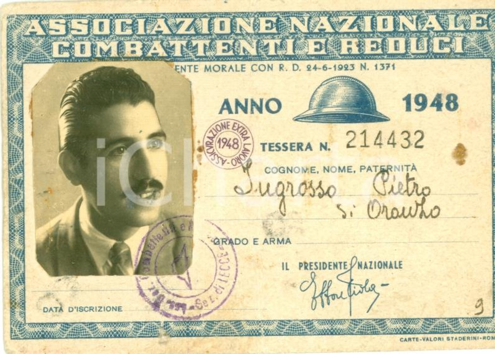 Oggetto da collezione cartaceo 1948 LECCE Pietro INGROSSO Associazione Reduci tessera con FOTOTESSERA 1