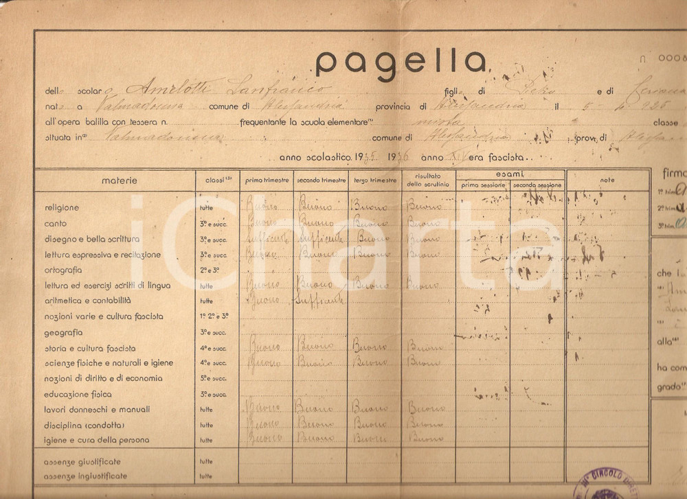 Oggetto da collezione cartaceo 1936 VALMADONNA AL Lanfranco AMELOTTI pagella scuola elementare mista 1